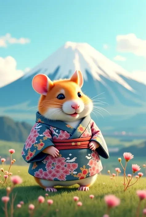 A hamster wearing a kimono on Mt. Fuji