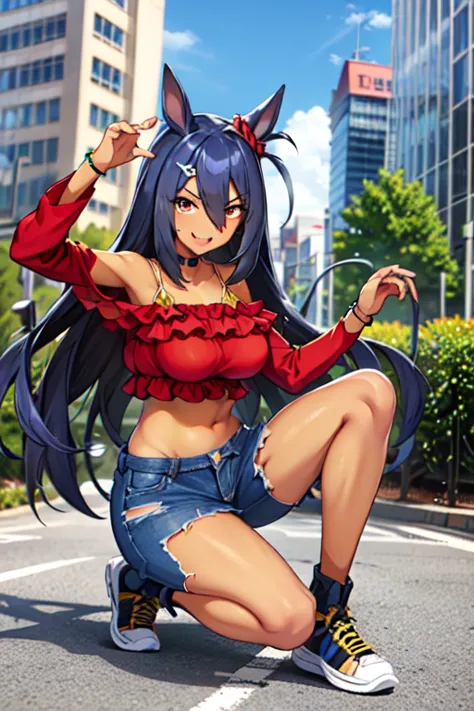 Hishi Amazon、One person、girl、best quality, masterpiece, best quality, red shirt, fang, torn clothes, choker, bracelet, jewelry, long sleeves, bare shoulders, midriff, torn jeans, torn pants, denim, red footwear, shoes, sneakers, 