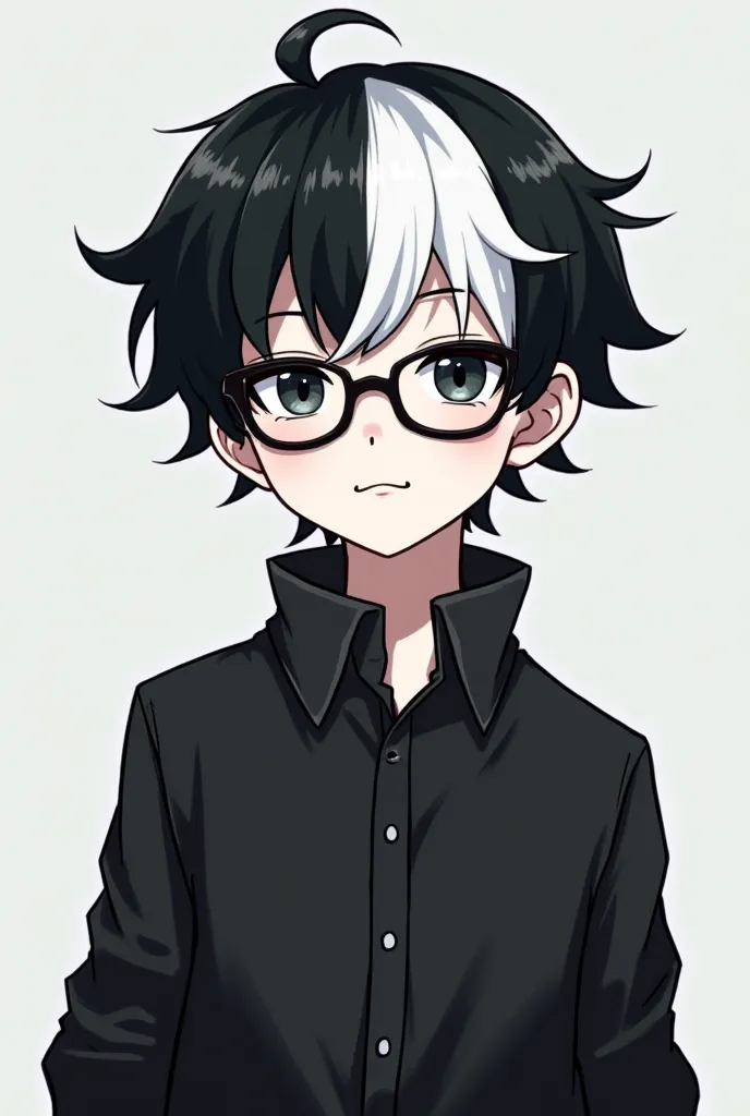 A boy with hair that is painted in black and white, half that has glasses and who wears a black shirt with a long sleeve with a high collar, a white shirt, a long sleeve and that his whole skin is white.  