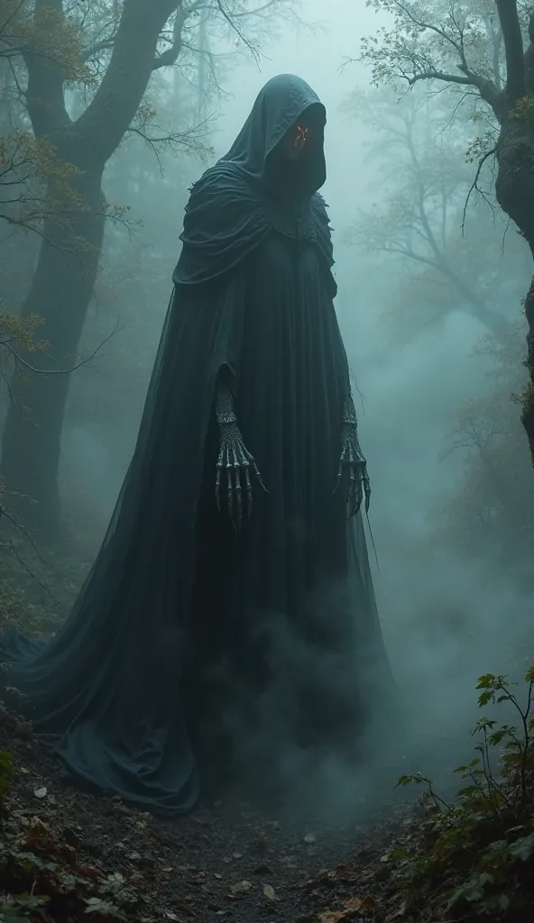 
A scary creature Hooded ghost  in a dense forest with lots of fog, ultra realistic and detailed image 