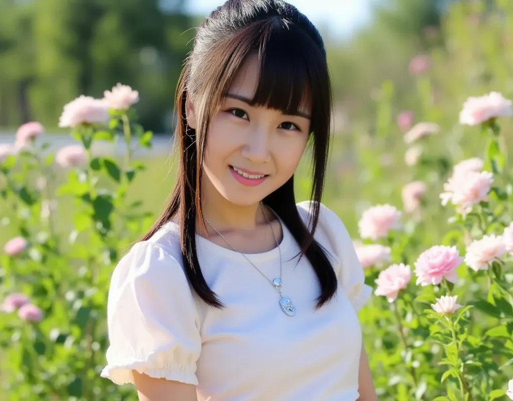 Japanese woman, cute, (long ponytail), (full body), ｔ shirt, ( mini skirt), cowboy shot,full body shot,standing、In the garden、 full body shot、