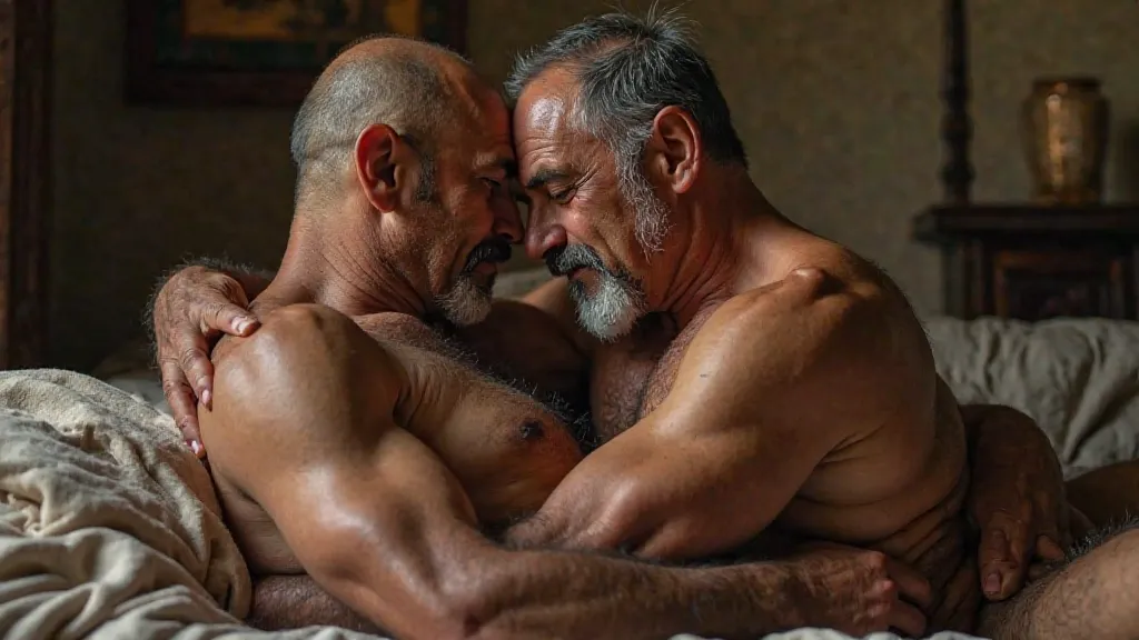 two middle age arab men, gray short-hair or bald, moustache, extremely hairy, nude, sexual position, lying, skinny