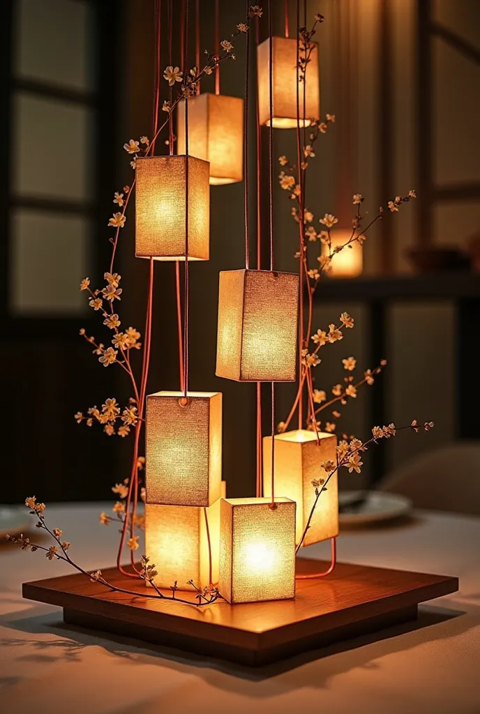 Create a round table decoration, that will be put on the table, Asian square lights and flowers will hang from there, the decoration will be placed on every table