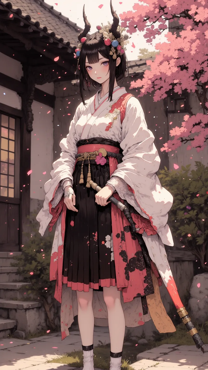 A high-quality girl,Japanese female samurai,Handheld sharp pipe, Sharp Eyes ,dressed in traditional kimono,standing in a Japanese courtyard, Sunshine Falls ,Gentle atmosphere,Highly Realistic,4K,Exquisite detail, Professional painting , Natural Tone ,Like ...