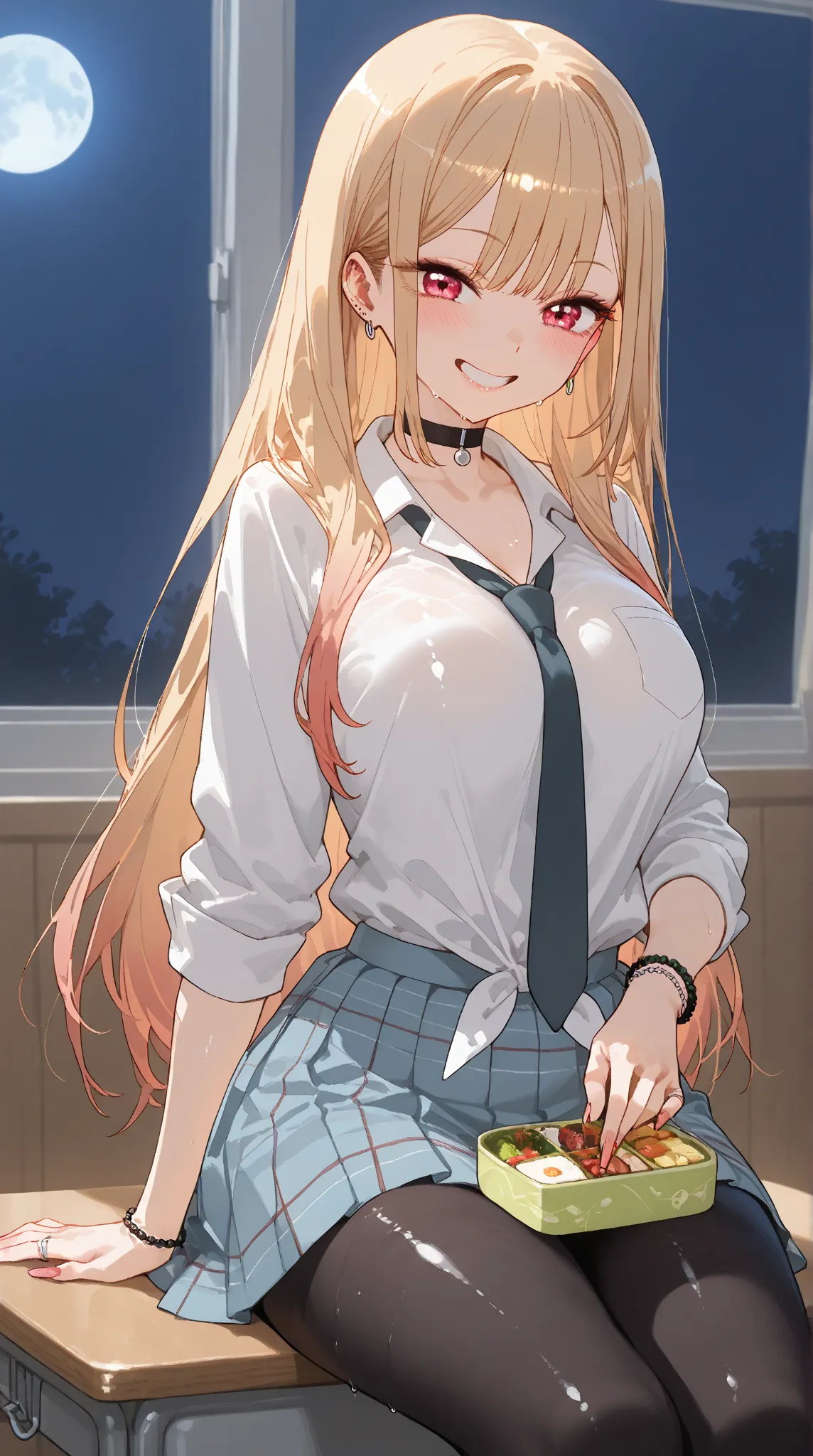 (marin kitagawa, long hair, bangs, blonde hair, red eyes, multicolored hair, pink hair,), (skirt, shirt, jewelry, school uniform, white shirt, pleated skirt, earrings, necktie, choker, bracelet, blue skirt, plaid, black choker, plaid skirt,), sitting on ta...