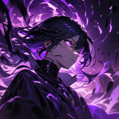 ((high quality)), ((masterpiece)), ((highly detailed)), "A close-up anime-style portrait of a strong and mysterious character surrounded by glowing purple energy. The character has a calm yet intense expression, with glowing eyes and wind-swept hair. Their...