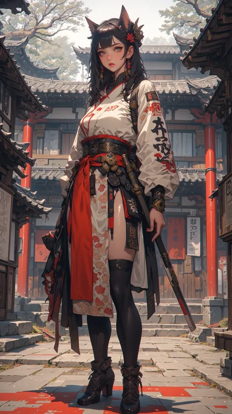 A high-quality girl,Japanese female samurai,Handheld sharp pipe, Sharp Eyes ,dressed in traditional kimono,standing in a Japanese courtyard, Sunshine Falls ,Gentle atmosphere,Highly Realistic,4K,Exquisite detail, Professional painting , Natural Tone ,Like ...