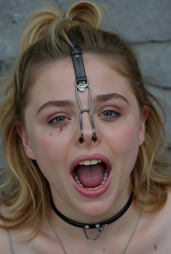 Chloe Grace Moretz her mouth open to reveal inside, tongue not outside mouth. metal gag, saliva marks, (nose hook extending up nostril, strap on top of head: 1.5, nose hook extending left and right nostril, metal collar,), nostril open to reveal inside, no...