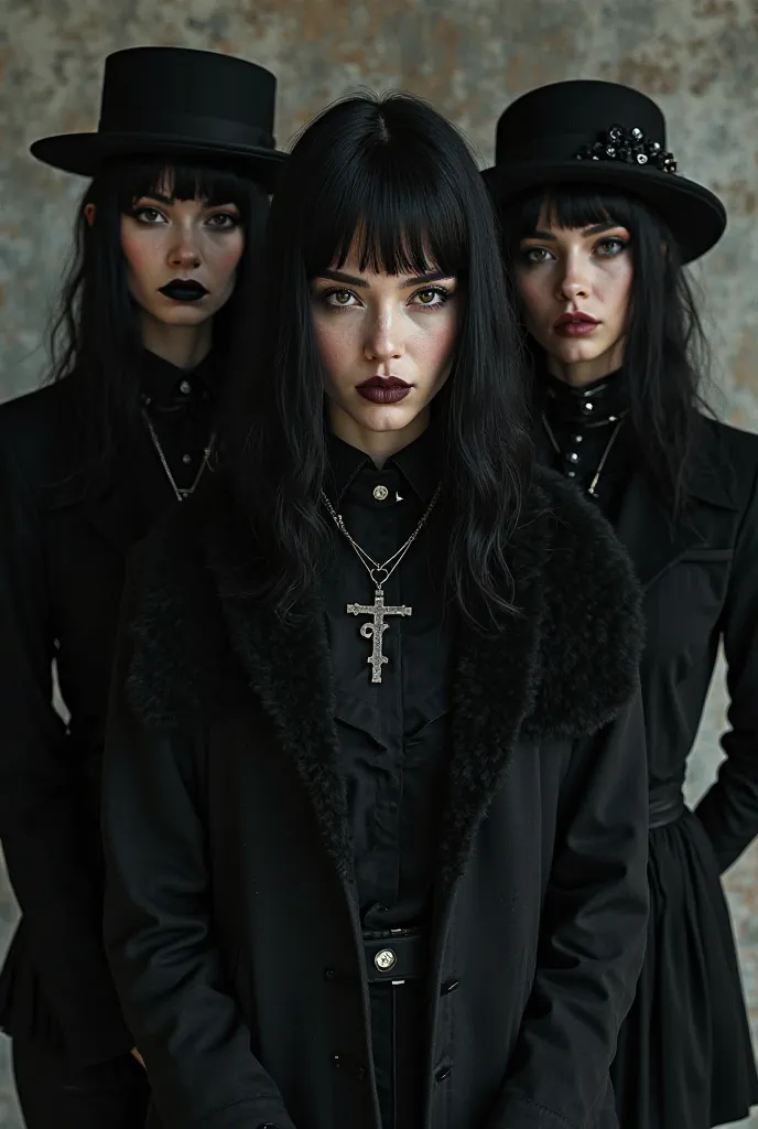 Anine women's black eyes black hair black shirt a black jacket with a half-pulled sheepskin black tights and black skirt and sneakers black gothic hat and a cross on the shirt a cross a cross necklace