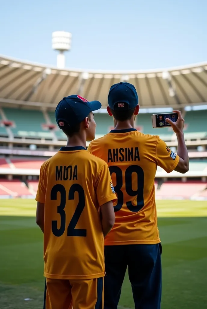 Back boy standing with Peshawar zalmi captain name "baber Azam " wearing Peshawar zalmi T shirt with name "basit" the boy holding a iphone 15 pro max and taking selfie with him a cricket stadium 3D realistic photo holographic 