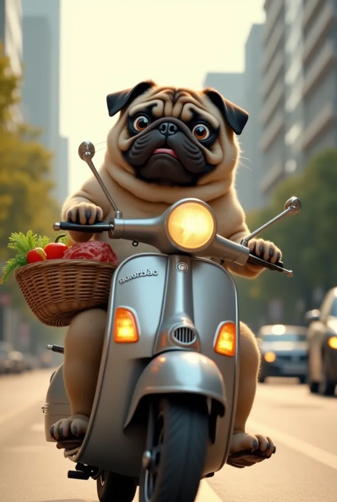 A super fat pug, big belly . The cat's eyes were wide open,  round xoe , expressiveness that is both surprised and focused. It is driving a silver vintage scooter on city streets during the day. The front legs rest on the steering wheel, his big round feet...