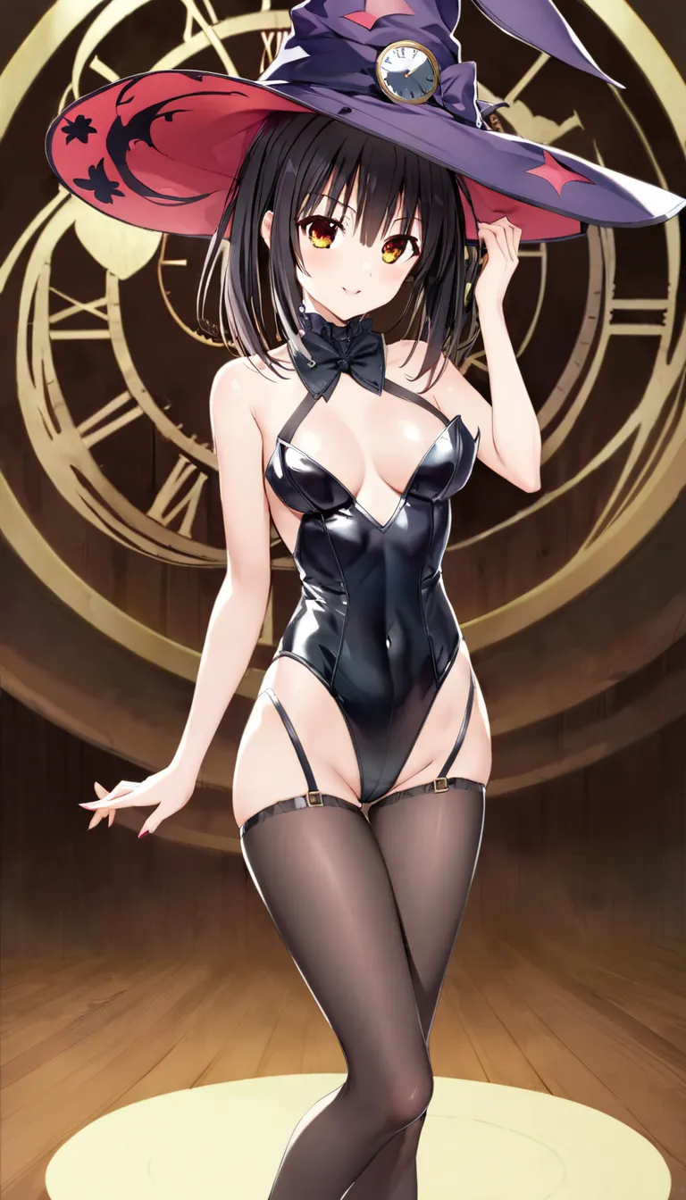 Tokisaki Kurumi、bunny suit、 sexy、 witch hat、clock、leotard、full body shot