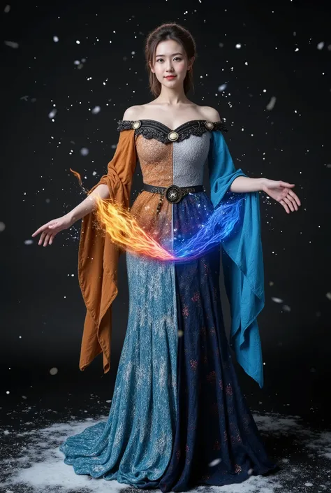 A stunning, slender female wizard stands at the center of a mystical dark fantasy world, poised to cast an enchanting spell. Her off-shoulder costume, decorated with intricate rings, flows gracefully, its fabric shimmering with rich textures that catch the...