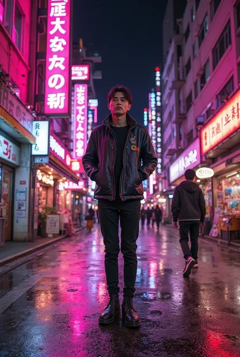 An urban city at night with pink and purple neon lights reflected in the wet streets.  The atmosphere is vibrant , with bright signs in Japanese and some flashing LED signs. The scene has a modern and glamorous style, with a rebellious and street touch.  I...