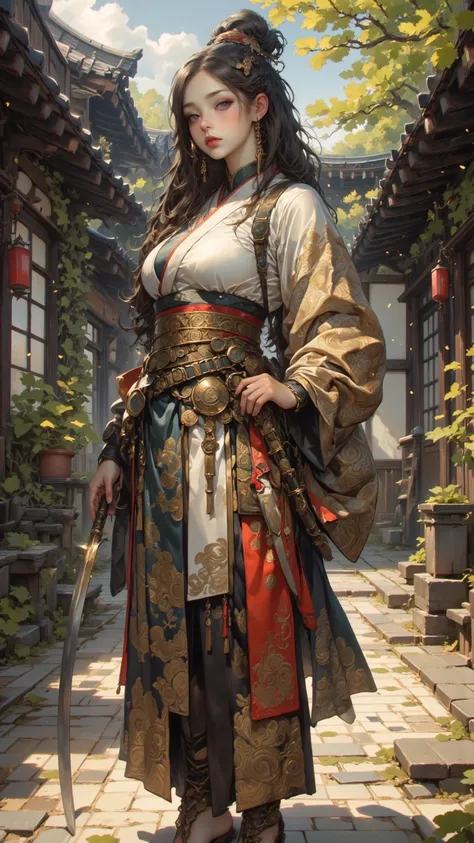 A high-quality girl,Japanese female samurai,Handheld sharp pipe, Sharp Eyes ,dressed in traditional kimono,standing in a Japanese courtyard, Sunshine Falls ,Gentle atmosphere,Highly Realistic,4K,Exquisite detail, Professional painting , Natural Tone ,Like ...