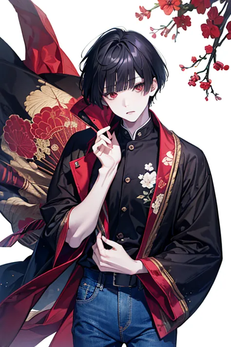 White background , ( 1boy  ) , pale skin , megami magazine , (  black hair , hair over eye , blunt bangs  ) , short hair , expressionless , red eyes , kimono cardigan , A fuzzy shirt and jeans 