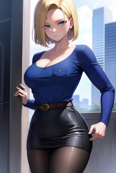 android18, android 18, blonde hair, blue eyes, eyelashes, hoop earrings, short hair, earrings,
BREAK, brown pantyhose, navy blue shirt, breast pocket, cleavage, collarbone, black leather skirt, high-waist skirt, jewelry, long sleeves, pocket, shirt, crop s...