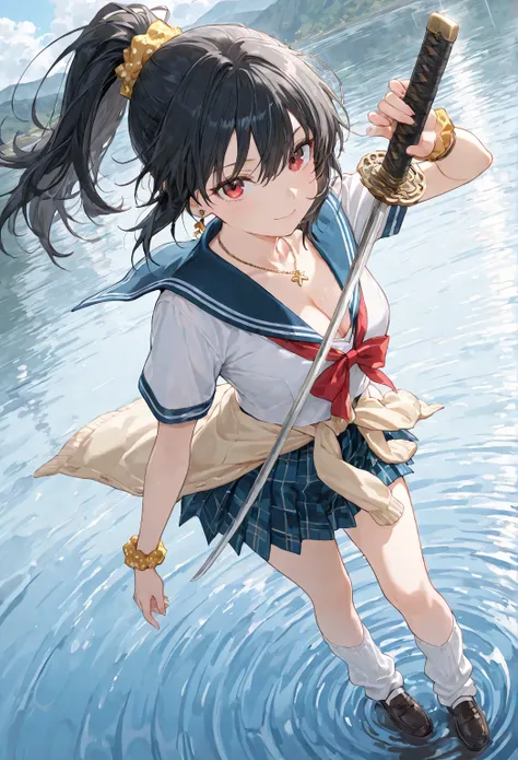 , {{{masterpiece}}}, {{{best quality}}}, {{super detailed}}, { illustration of a woman with a penis }, {{Extremely delicate and beautiful}},{   black hair,ponytail,ribbons, Blue Sailor Suit ,{{{  clear,  clear}}}, Woman holding a Japanese sword ,lake refle...