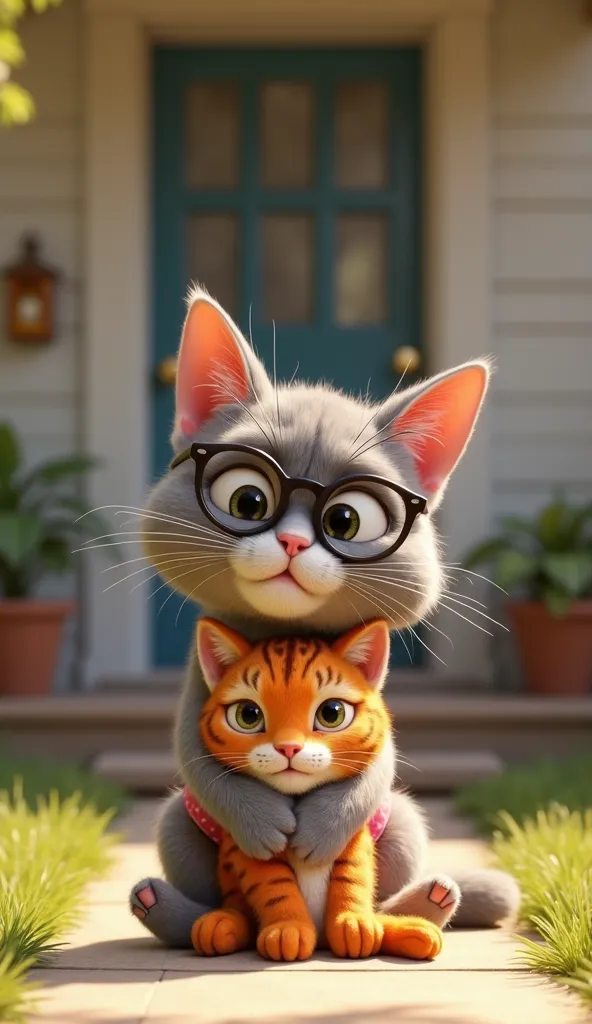 "A age gray cat wearing stylish glasses and a cute dress, hugging a tiger plush toy in her arms, sitting in front of a house entrance with a curious questioning expression. Pixar-style 3D animation, sunny day, bright front yard with potted plants and a coz...