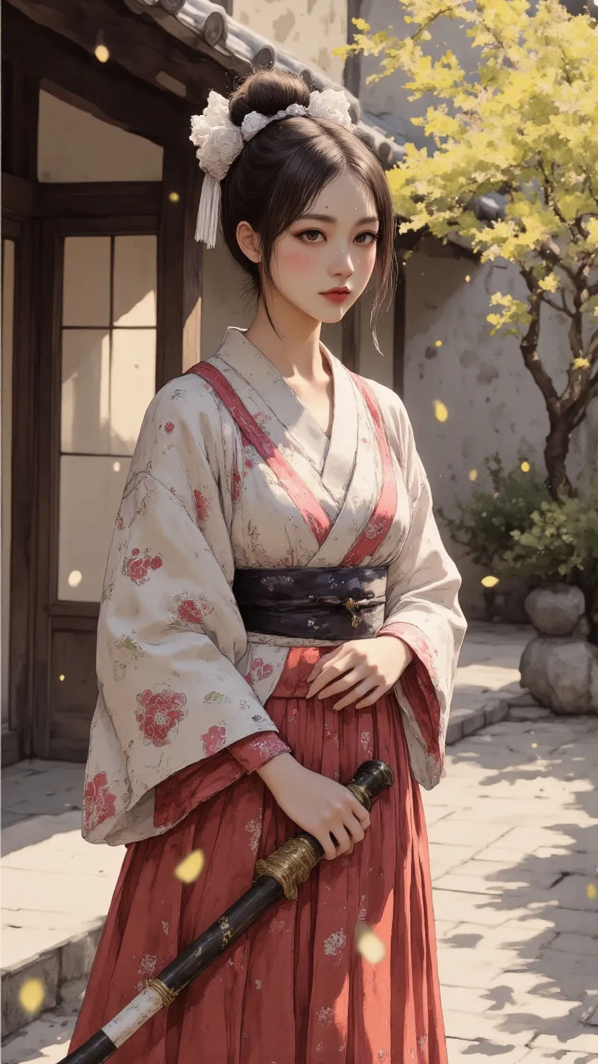 A high-quality girl,Japanese female samurai,Handheld sharp pipe, Sharp Eyes ,dressed in traditional kimono,standing in a Japanese courtyard, Sunshine Falls ,Gentle atmosphere,Highly Realistic,4K,Exquisite detail, Professional painting , Natural Tone ,Like ...