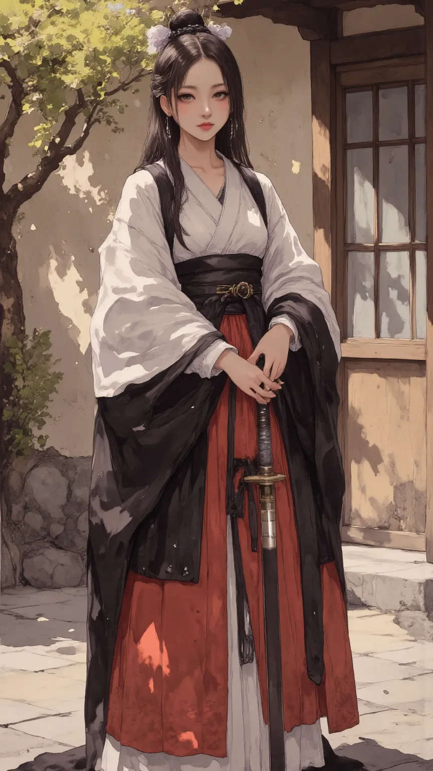 A high-quality girl,Japanese female samurai,Handheld sharp pipe, Sharp Eyes ,dressed in traditional kimono,standing in a Japanese courtyard, Sunshine Falls ,Gentle atmosphere,Highly Realistic,4K,Exquisite detail, Professional painting , Natural Tone ,Like ...