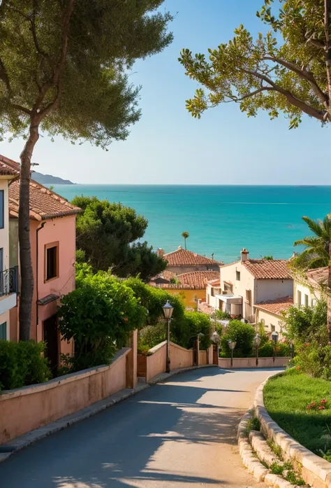 cozy city, buildings on a sea view road, Mediterranean trees. Beach road 