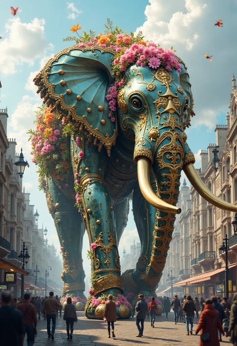 Middle shot, a gigantic mechanical elephant made of glass and metal, covered in enormous blooming flowers, walking majestically through the streets of the city, background of the streets of London --ar 9:16 --stylize 400