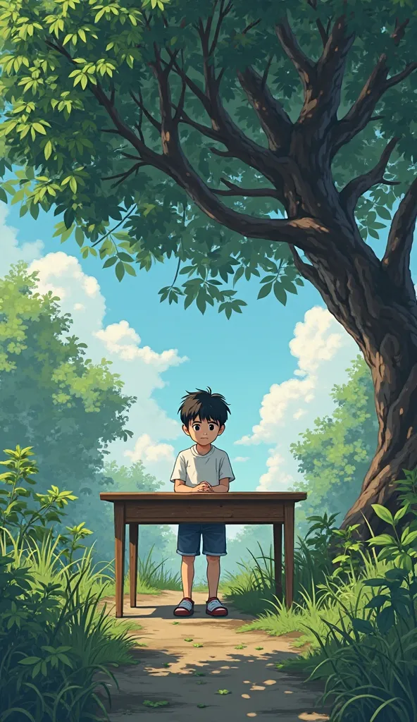 A boy is in confuse for steady in
garden with desk under a tree ,anime with low quality 