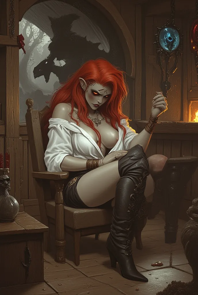 Woman with red hair, ruby eyes, sunglasses on head, white linen loose shirt, short black shorts, booty shorts, extremely muscular thick thighs, knee high boots, sitting by fire in inn, dragon in background, morose expression detailed, full color, high qual...