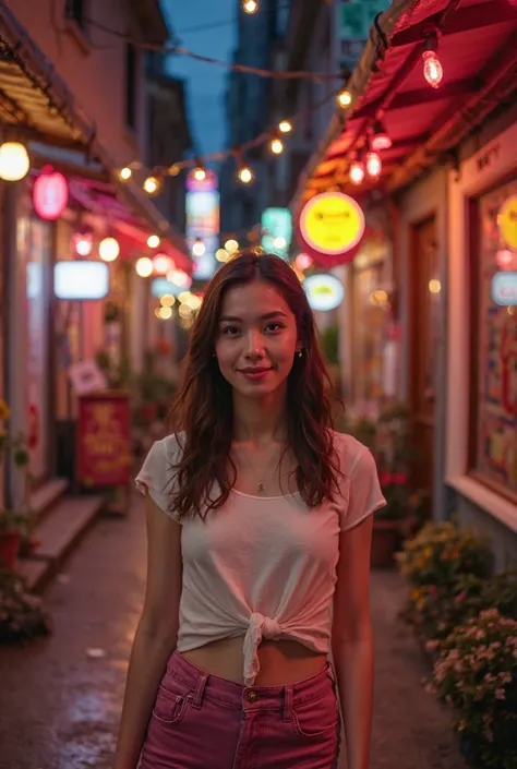 An urban alley illuminated with warm lights and soft neon in shades of pink and gold. The concrete floor with some light reflections,  but without being too bright .  in the background, there are some small shops with discreet signs and simple decoration, ...