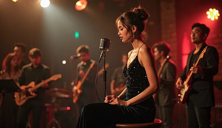 The image of a beautiful Thai woman, twentysomething, she sits singing in front of a microphone on a high desk stool, round seat, dominantly at the center of a stage among a musical band. She is holding a retro microphone, ready to deliver a heartfelt perf...