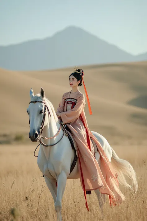 A woman in a traditional costume is riding a white horse through the Mongolian steppes, Hanfu, looks at one woman, palace ， A girl in Hanfu, brown,Hanfu, Wuxi, Full body martial arts, Carafe woman wearing old Chinese clothes , Cyansia Fantasy,  ancient Chi...