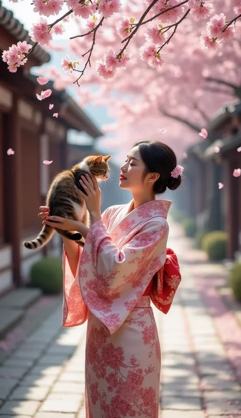 A portrait of a woman in a traditional Japanese kimono standing under a cherry blossom tree in an ancient Japanese city, temple, or shrine. She is gently lifting a cat in her arms, looking at it with affection. The scene is serene, with pink petals falling...