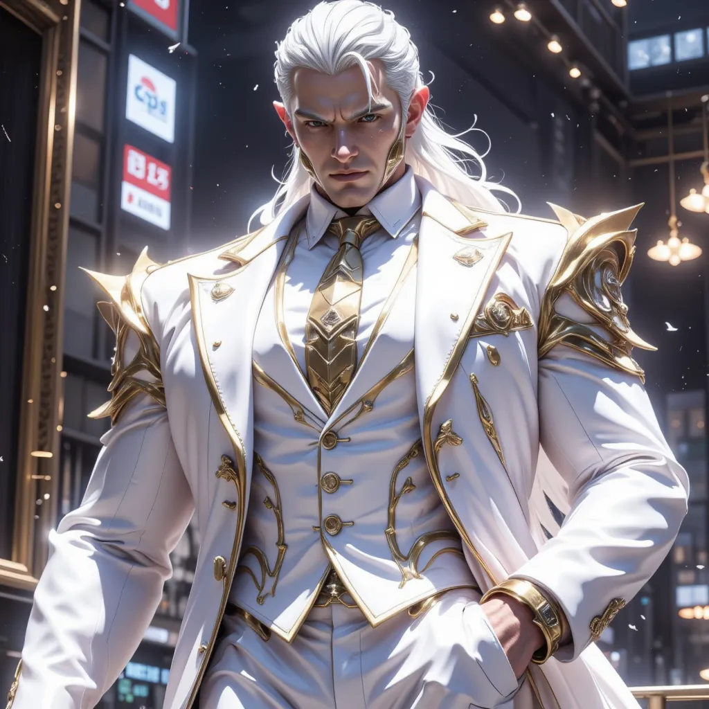 A white-haired, good-looking, rich young mafia in a muscular white suit, 16k maximum quality, top quality, top quality, best quality and detail,extreme perfection, Hyper-realistic perfect, as high resolution as possible