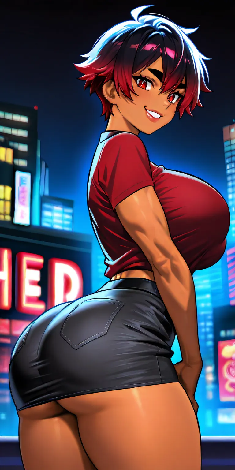 4K Quality, ((big smile)), ((black denim skirt)), sexy pose, (dark skinned tomboy), (black and red gradient hair), red eyes, thick eyebrows, ((dark skinned)), ((black and red shirt)), toned body, ((thick thighs)), big breasted, (big ass), (facing the viewe...