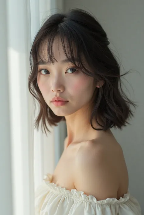 Asian woman wearing white shirt and blue shorts, Lalisa Manobal, 18 years old, young and pretty pale Asian face, with bangs, Gemma Chan, hermosa niña de 18 years old, beautiful chinese model, beautiful young Korean girl, Beautiful Asian girl, Instagram mod...