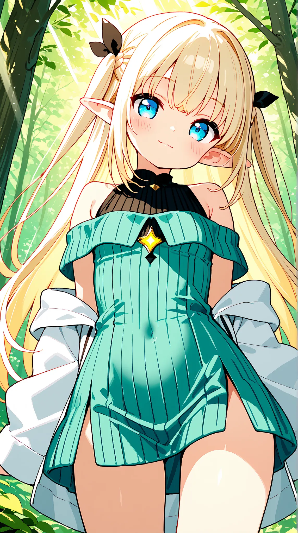 anime style、1 girl、very long hair、 White Blonde Hair 、Big cute eyes、Deep blue eyes、cute face、blush、small smile、elf ears、Teal Ribbed Dress、Off Shoulder、micro mini skirt、Braided slit、Magical chant、Magic Light、Strong winds、cowboy shot、Fantasy Forest、sunlight ...