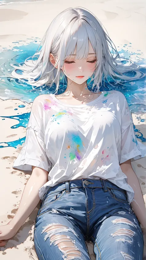  Oriental Beauty ，side down， sit on the ， White Clear Realistic Paintings ， Colorful Water Splash Rendering ， Clear Facial Textures ，  loose white shirt，blue distressed denim pants，White sand beach background，Messy Brushwork .close-up of characters( Perfec...