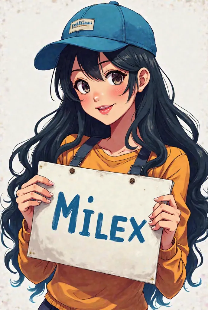 An anime-style poster of a woman with a medium body, skin tone, caramel, long black hair, beautiful smile, blue cap and a sign that says MILEX. 