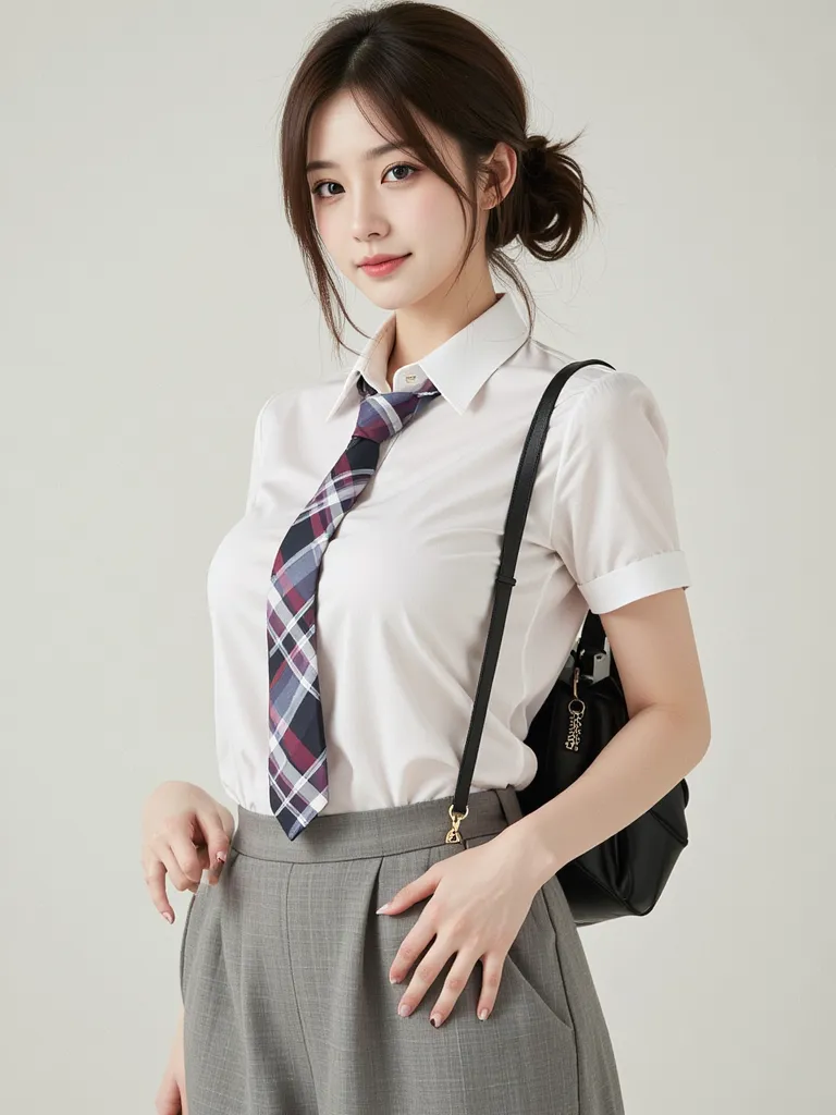  narrow your eyes ,  is wearing a uniform, large breasted women, 8k, high quality, ( Japanese girl), 1 girl, detailed eyes, (has bangs hanging over her eyes), random hair, side down, smile,  Hair, I don't have a bag