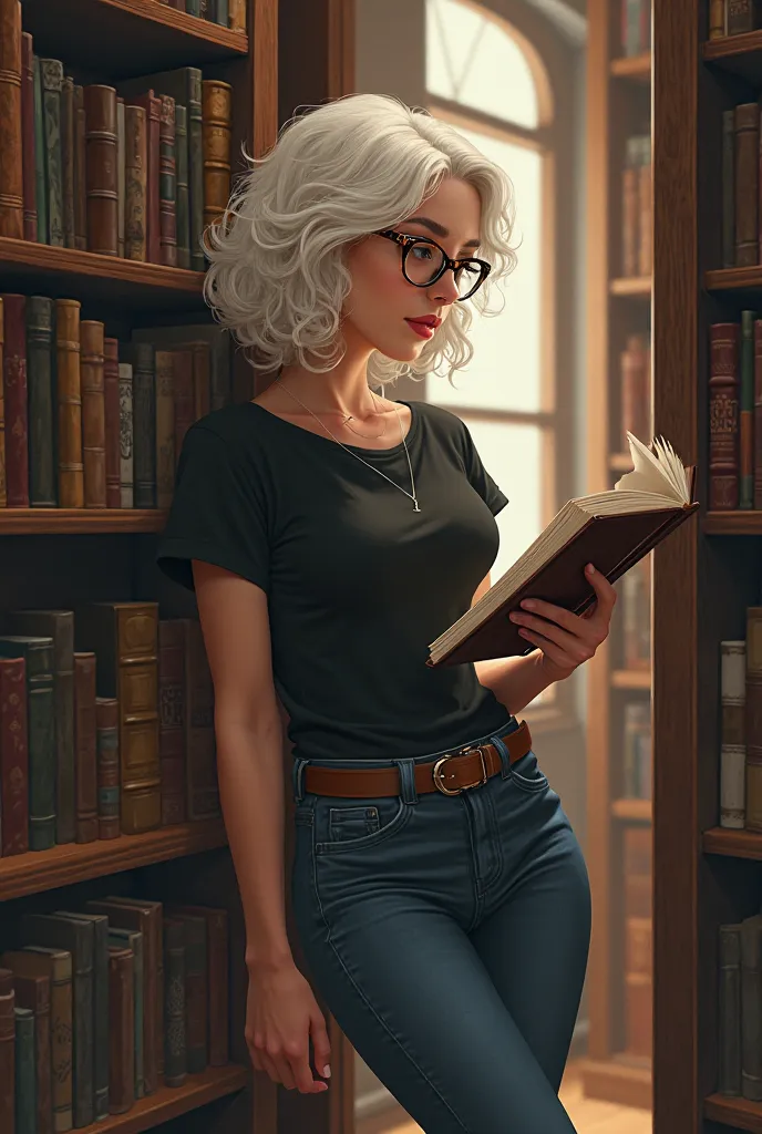 Women, white, medium curly hair,  thin, thin lips, medium breasts, wide hips, tortoiseshell glasses, With a book in my hand, in a library, leaning on a bookcase, jeans, shoes,  black t-shirt  