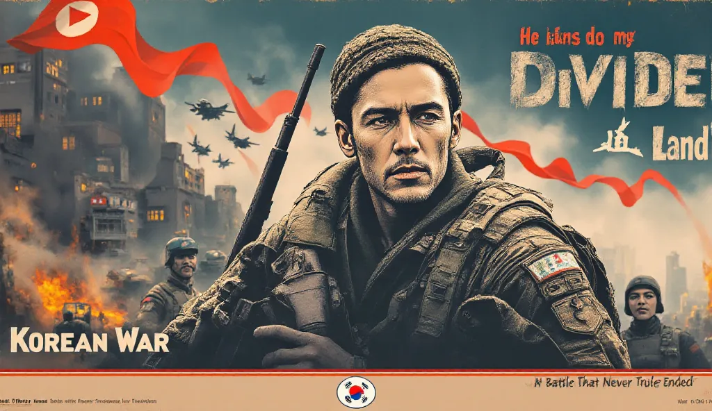 *“Vintage illustrated war propaganda poster from the 1950s, depicting the Korean War. A determined American soldier in a rugged uniform stands in the foreground, gripping his rifle with a resolute expression. Beside him, a South Korean ally stands firm, sy...