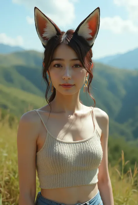 ((top quality , 8k)), ( masterpiece ), perfect face , sleeveless,pants, cute, Valley, mechanical fox ears showing shoulders , knit ,valley,Age 33, beauty
