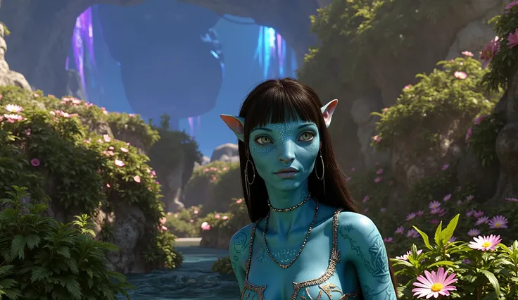 na'vi, na'vi race, avatar, pale teal blue skin, dark brown hair, blue eyes, straight brown hair with bangs, long bangs, bangs covering forehead, no eyebrows, lots of blue stripes and facial markings