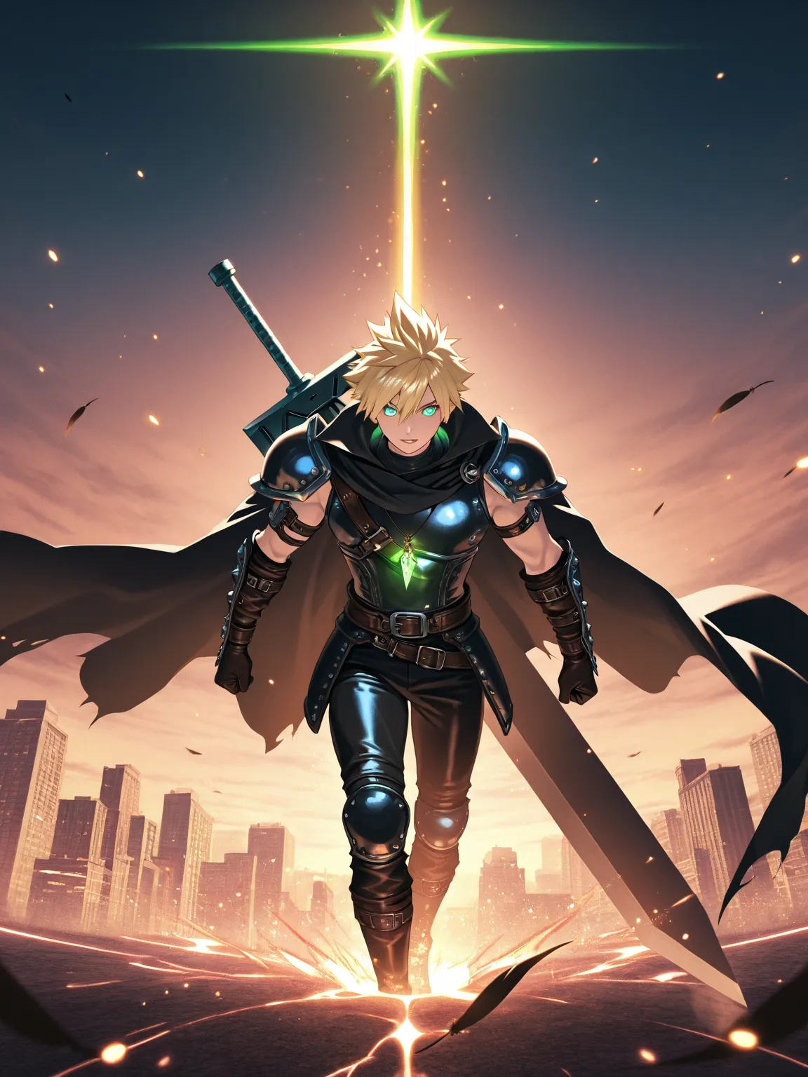 Spiky-haired blond warrior with leather armguard, Buster Sword casting metallic gleam. Mako-infused eyes swirling emerald, black cape billowing in Midgar's industrial winds. Neon-lit plate city backdrop, feather pendant resonating with lifestream particles...