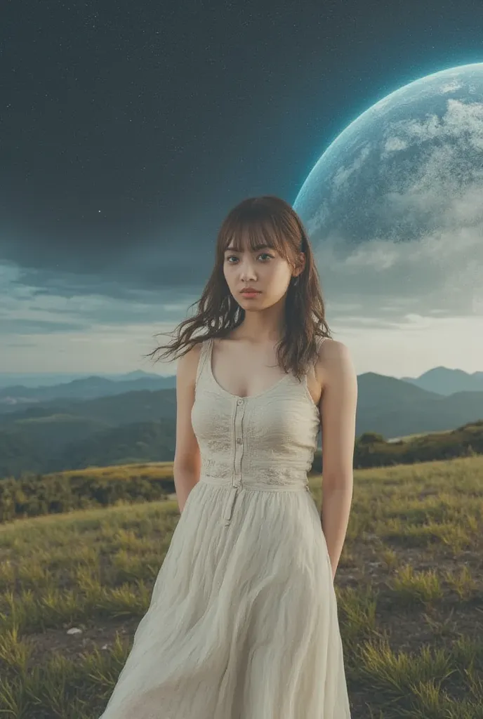    natural cosmetics,  beautiful eyes , Shiny and wet lips  , ,  very big breasts,  White Long Dress, serious expression,  holding chest with both hands ,  full body,  on a small hill,(A hill with a good view),  orbital space