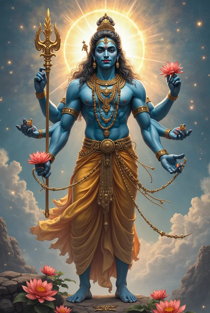 Hindu crowned god Vishnu standing full body wearing a golden dhoti, jewellery, blue skin with four hands, holding a chakra weapon on finger, lotus,ace