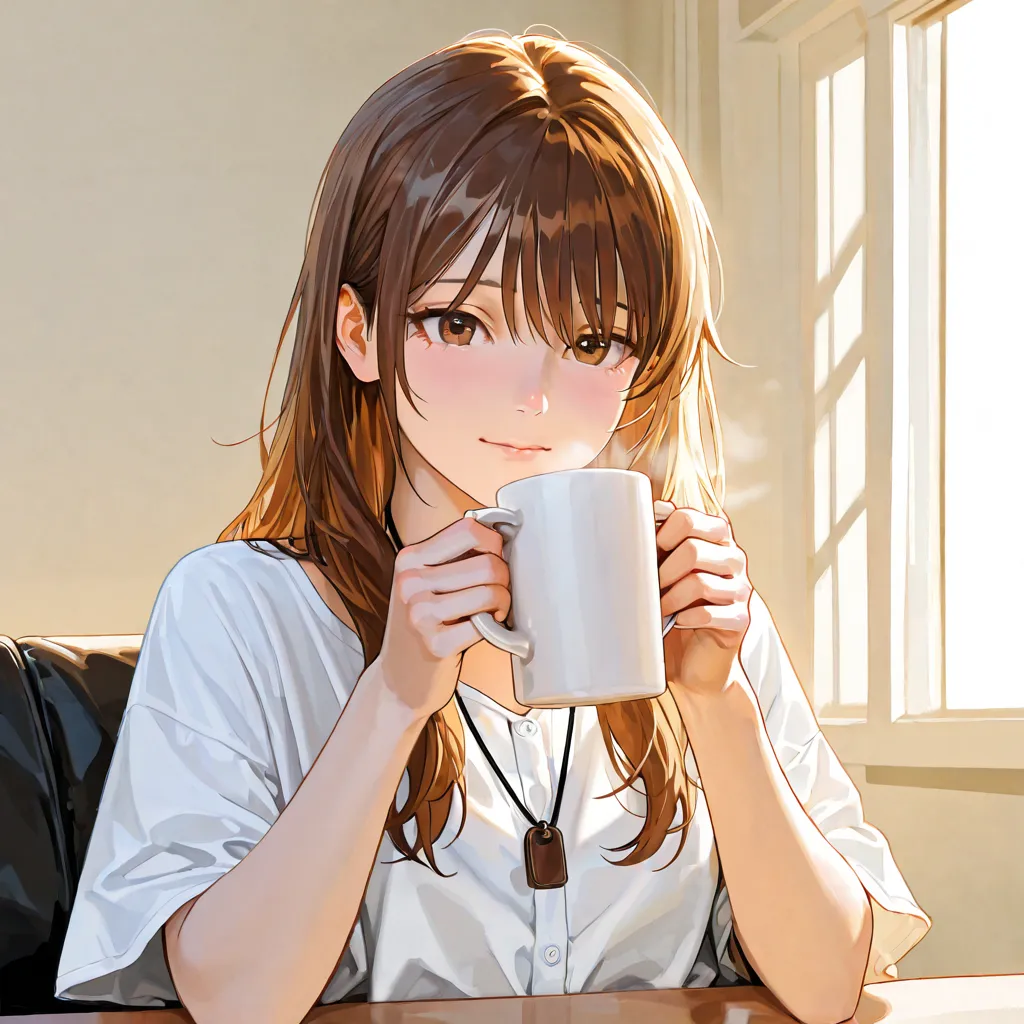  woman drinking coffee、white shirt