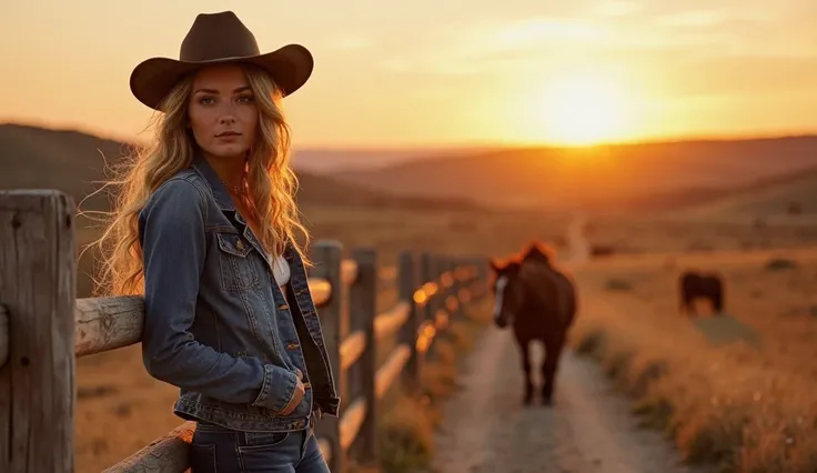 A stunning cowgirl standing in a vast Texas countryside at sunset, wearing a classic cowboy hat, denim jacket, and boots. Her long, wavy hair flows in the wind as she leans against a rustic wooden fence, with a soft golden light casting a warm glow. The ba...