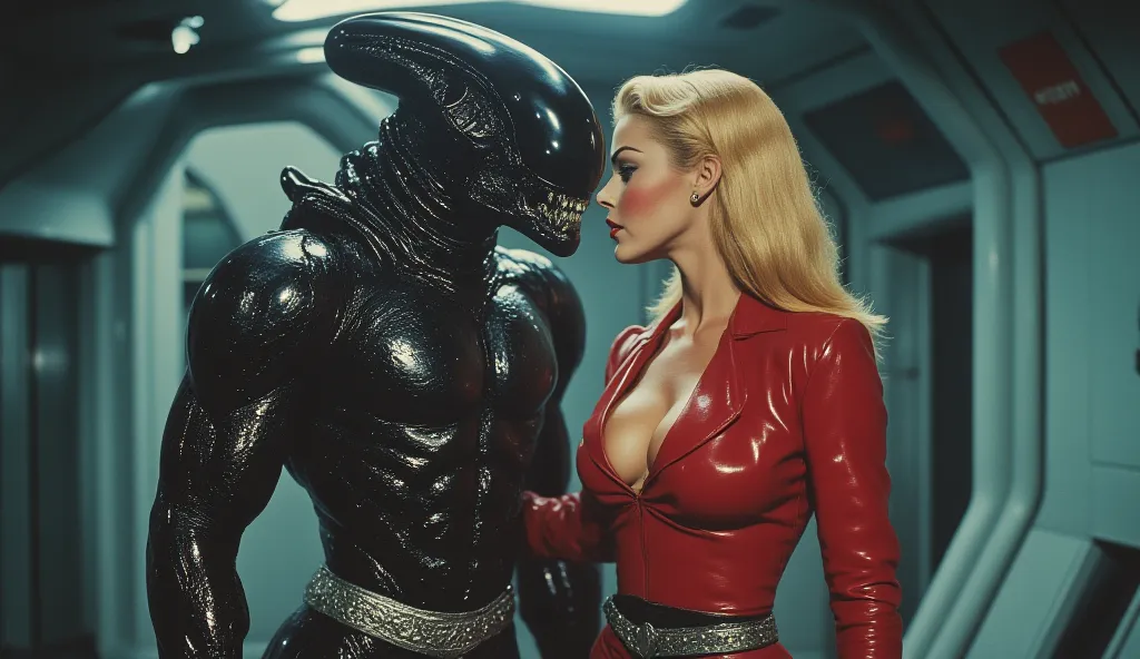 Close-up shoot: Xenomorph from the movie Alien. Xenomorph has a bodybuilder's torso. Broad shoulders. Xenomorph has Huge Muscles, Veins bulging, He is having sex with a stunning woman. She is wearing a tight, glossy, red, futuristic suit made of material t...